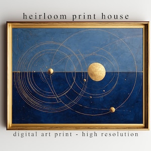 May include: A framed digital art print with a gold frame. The artwork features a celestial design with gold spheres and concentric circles against a blue background. The text "heirloom print house" and "digital art print - high resolution" are visible.
