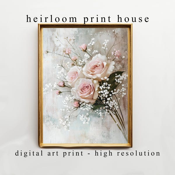 Bouquet de roses roses vintage romantique - art floral cottagecore doux, impression aquarelle pastel féminine, décoration murale numérique, téléchargement immédiat 334