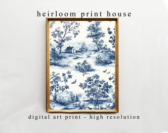 Vintage Toile-Style Pastoral Print, Classic Blue-White Scenic Wall Art, Elegant Cottagecore Decor, Floral Digital Download 333