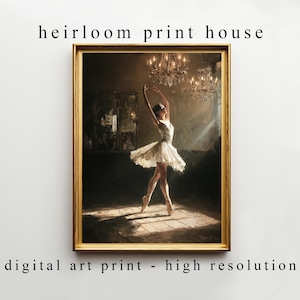 May include: A framed digital art print featuring a ballerina in a white dress, illuminated by a chandelier. The artwork has a vintage aesthetic, with the text "heirloom print house" and "digital art print - high resolution" at the top and bottom.