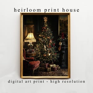 May include: A framed digital art print depicts a Christmas tree adorned with ornaments and lights, set in a cozy room with a lamp, armchair, and presents. The print has the text "heirloom print house" and "digital art print - high resolution".