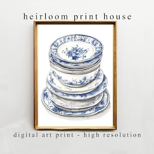 Può includere: Stampa artistica digitale incorniciata con una pila di piatti in porcellana blu e bianca. I piatti hanno un motivo floreale e sono impilati. La cornice è dorata, con il testo "heirloom print house" e "digital art print - high resolution".