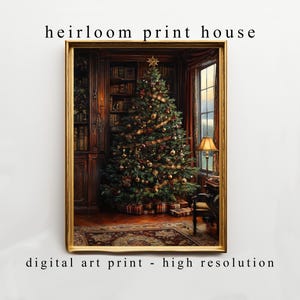 May include: Digital art print of a Christmas tree in a room with a library and a window. The tree is decorated with gold ornaments and ribbon. The print is framed in a gold-colored frame. Text on the print reads "heirloom print house" and "digital art print - high resolution."