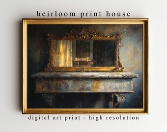 Ornate Gilded Mirror Printable Wall Art - Moody Vintage Interior Painting, Dark Atmosphere, Antique Decor, Digital Art Download 201