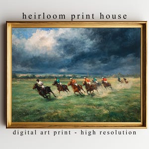 May include: A framed digital art print depicting a polo match with riders on horseback. The artwork features a dramatic sky and a green field. The frame is gold, and the text "heirloom print house" and "digital art print - high resolution" are visible.