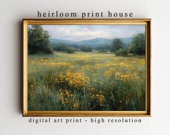 Paesaggio con fiori selvatici, decorazione murale stampabile in stile cottage, scena serena di una fattoria, download digitale rustico, opera d'arte vintage 197