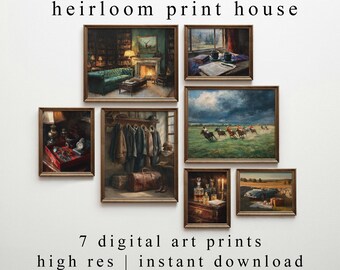 May include: Seven framed digital art prints in a variety of scenes, including a living room, a horse race, and a still life. The text "heirloom print house" is at the top, with "7 digital art prints high res | instant download" at the bottom.
