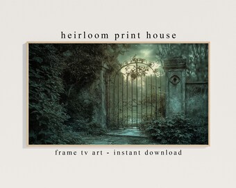 Moody Vintage Frame TV Art, Overgrown Garden Gate Digital Download, Gothic Garden Decor, Mysterious Atmosphere, Dark Fairytale Wall Art 320