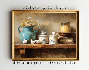 Rustic Kitchen Still Life - Vintage Turquoise Pitcher, Floral Canisters with Dried Flowers, Cottagecore Farmhouse Art, Printable Decor 8