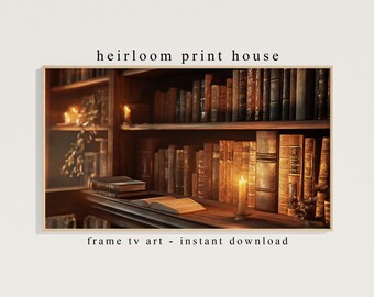 May include: A framed print of a vintage library scene. The image features a wooden bookshelf filled with aged books, lit by candlelight. The text "heirloom print house" and "frame tv art - instant download" are displayed.