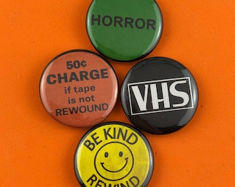 Handmade Accessory 1in Pinback Button VHS Tape Pin Badge Button Illustrated Pin