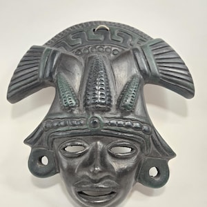 Vintage Mexican Terracotta Mask – Aztec Mayan Maize God Warrior, Green Patina Folk Art