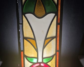 Panel de ventana antiguo de vidrieras emplomadas con diseño floral de lirios cala, estilo Art Nouveau geométrico, de casi 45 x 20 cm (18" x 8") - Proyecto de reparación