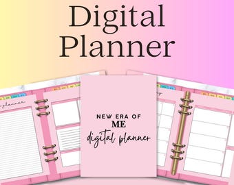 May include: A pink digital planner with gold accents and the text "New Era Digital Planner." The planner features a pink cover with the text "New Era of Me digital planner." The planner is open to show the inside pages.