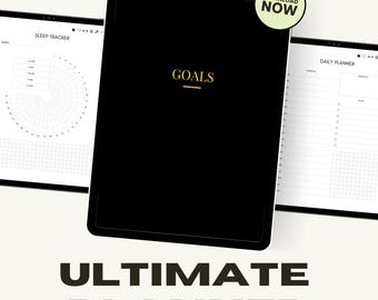 Puede incluir: Una tableta negra que muestra una interfaz de planificador con la palabra "GOALS" en letras doradas. La imagen también incluye el texto "ULTIMATE PLANNER" y un botón "DOWNLOAD NOW". La interfaz del planificador incluye un rastreador de sueño y un planificador diario.
