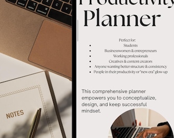 May include: A digital image showing a laptop, a notebook, and a pen. The text "Productivity Planner" is displayed. The notebook is open to a page labelled "NOTES". The image suggests a theme of organisation and planning.