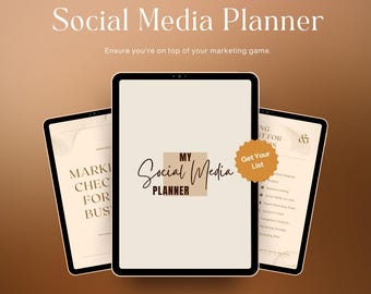 May include: Three digital tablets displaying a social media planner. The central tablet features the text "My Social Media Planner" in elegant script. The image includes the text "Stay on track with a Social Media Planner" and "Get Your List".