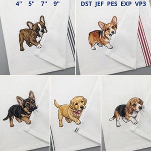 Puede incluir: Paños de cocina blancos con diseños de perros bordados. Los paños presentan un bulldog francés, un corgi, un pastor alemán, un labrador y un beagle. Cada paño tiene un borde a rayas.