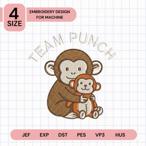 Può includere: Un disegno per ricamo con due scimmie dei cartoni animati, una che abbraccia l'altra. Il disegno include il testo "TEAM PUNCH" in un arco curvo sopra le scimmie. Il disegno è etichettato come "EMBROIDERY DESIGN FOR MACHINE".