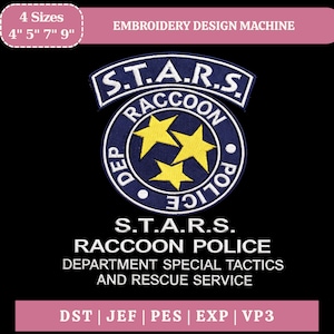May include: A navy blue embroidered patch with the text "S.T.A.R.S. RACCOON POLICE" around a circular emblem with three yellow stars. Available in sizes 10 cm, 13 cm, 18 cm, and 23 cm. The text "EMBROIDERY DESIGN MACHINE" is also present.