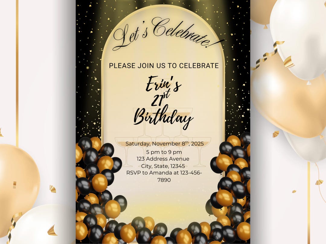 Black and Gold Birthday Invitation: Elegant Party Invite (digital ...
