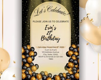 Invitación de cumpleaños en negro y dorado: elegante invitación para fiesta (descarga digital)