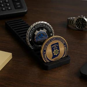 May include: A black display stand holding two circular challenge coins. The back coin features the text 'OFFICER JOSEPH MCKINNEY' and a blue emblem. The front coin is gold and blue with the text 'FOR GOD AND COUNTRY' and a map of Indiana.