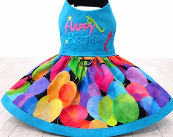 Custom handmade Happy Birthday Dog Dress – Balloon Print, Embroidered Bodice, Adjustable Closure
