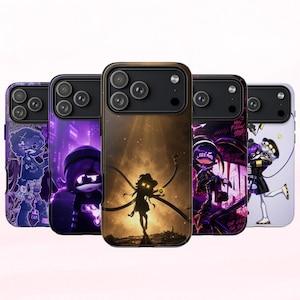 May include: Five smartphone cases featuring various animated character designs. The cases display vibrant purple, gold, and black color schemes with stylized illustrations of figures, including one with the text DIE MAD, set against dark, atmospheric backgrounds.