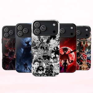May include: Five smartphone cases featuring Black Clover anime graphics. The designs include a black and white manga collage, a dark blue silhouette, a red moon scene, and character portraits with clover emblems, all with black camera cutouts.