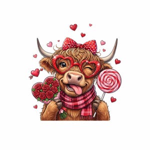Può includere: Illustrazione di un cartone animato di una mucca delle Highlands sorridente, con occhiali a forma di cuore e un fiocco rosso a pois. Tiene in mano un mazzo di rose e un lecca lecca, con cuori intorno. Indossa una sciarpa a quadri rossa e rosa.