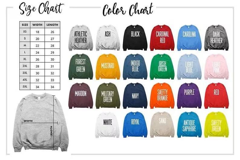 May include: A size and color chart for sweatshirts. The size chart lists sizes XS to 5XL with corresponding width and length measurements in inches. The color chart displays various sweatshirt colors, including black, red, and green.