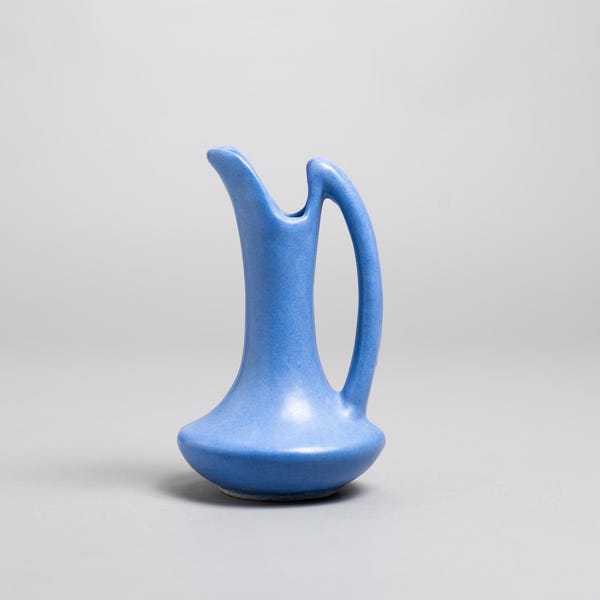 Vintage Niloak Art Pottery Ewer Bud Vase, Ozark Blue Satin Glaze, Mid Century Modern