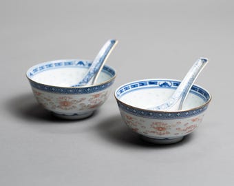 Vintage Chinese Rice Grain Porcelain Bowl and Spoon Set, Blue and White Linglong, Pair