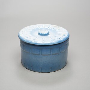 Early 1800s Stoneware Butter Crock Vessel, Slate Blue Glaze, Embossed Paneled Frieze