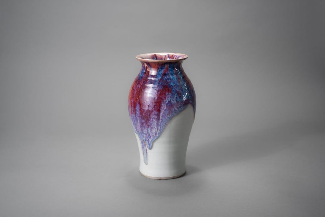 Large Vintage Signed Studio Pottery Vase Purple Blue Drip Glaze Artisan ...