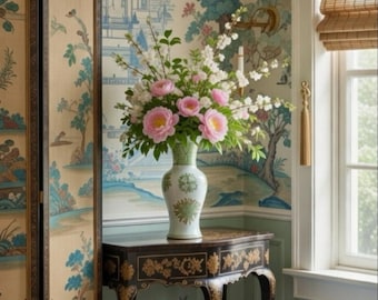 Vaso balaústre de porcelana chinesa família verde 12,5" verde floral