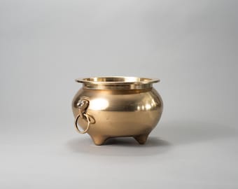 Antique Chinese Brass Planter, Footed Cauldron Cachepot with Maskaron Ring Handles