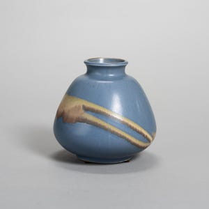 Vintage Studio Art Pottery Vase - Mid Century Modern Matte Blue Bulbous Ceramic, Hand Thrown Earth Tone Glaze Abstract Ovoid Decor