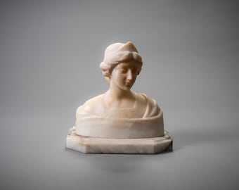 Busto antiguo italiano de alabastro tallado - Estatua de doncella Art Nouveau