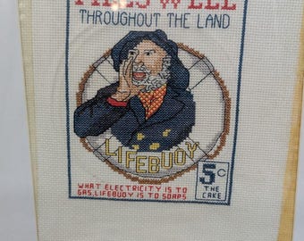 Vintage Lifebuoy Soap Cross Stitch Framed Advertising Americana Wall Art