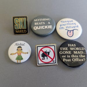 May include: A collection of vintage pinback buttons with various designs and text. One reads "SKI NAKED," another "NOTHING BEATS A QUICKIE," and a third says "Aloha!" Other buttons feature humorous phrases and graphics.