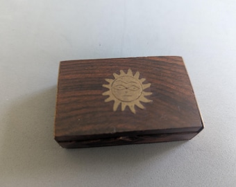 Vintage Wooden Trinket Box with Brass Sun Inlay and Corner Trim