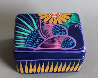 Vintage Mexican Talavera Style Lidded Trinket Box Hand Painted Blue Bird Ceramic Box