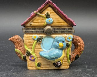 Ceramic Bluebird Birdhouse Trinket Box: Cottagecore Keepsake Holder
