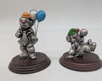 Vintage Pewter Clown Figurine Set – George Good Taiwan – Painted Circus Clowns on Wood Bases – Small Collectible Shelf Decor