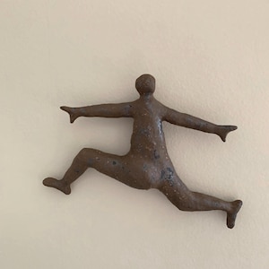 Handbuilt Ceramic Brown Clay Man Wall Hanging Figure, Wall Climber Object Sculpture, Male Figurative Figurine Pottery
