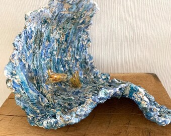 Ceramic Sculpture, Sea Wave and Fish, Nautical Object, Birthday Gift