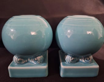 Pair Fiesta Turquoise Bulb Candle Holders Round Ball Candlestick Set Post 86 Fiestaware Homer Laughlin Pottery Retro Art Deco Blue Decor