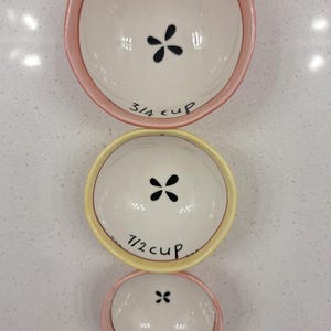 Pu&ograve; includere: Un set di misurini in ceramica di varie dimensioni. Ogni tazza ha un interno bianco con un motivo floreale nero e un bordo colorato. Le tazze sono etichettate con misure: 3/4 tazza, 1/2 tazza e 1/3 tazza.